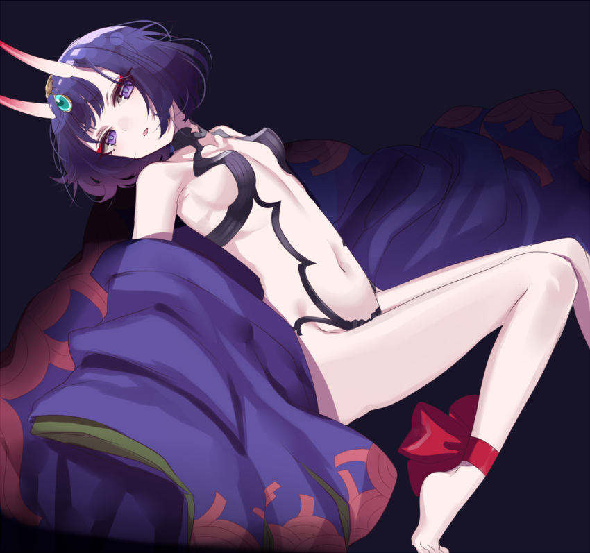 1girl bare_shoulders barefoot breasts eyeshadow fate/grand_order fate_(series) gem grey_background hair_ornament horns makeup misumi_(macaroni) navel oni oni_horns open_mouth purple_hair revealing_clothes short_hair shuten_douji_(fate/grand_order) simple_background small_breasts violet_eyes
