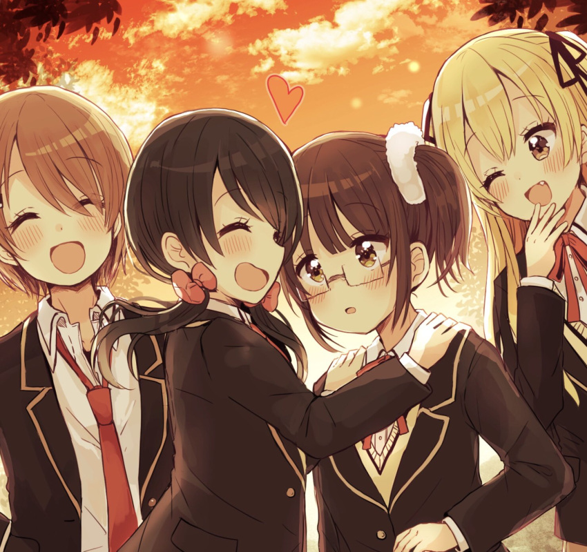 4girls :d ;d ^_^ bangs black_jacket black_ribbon blazer blonde_hair blush brown_hair closed_eyes closed_eyes clouds collared_shirt dress_shirt eyebrows_visible_through_hair facing_viewer fang glasses hair_between_eyes hair_ornament hair_ribbon hair_scrunchie hand_to_own_mouth hands_on_another's_shoulders heart highres jacket light_brown_hair long_hair low_twintails multiple_girls necktie one_eye_closed one_side_up open_blazer open_clothes open_jacket open_mouth original outdoors parted_lips red_neckwear ribbon sakura_oriko scrunchie shirt sky smile sunset twintails very_long_hair white_scrunchie white_shirt