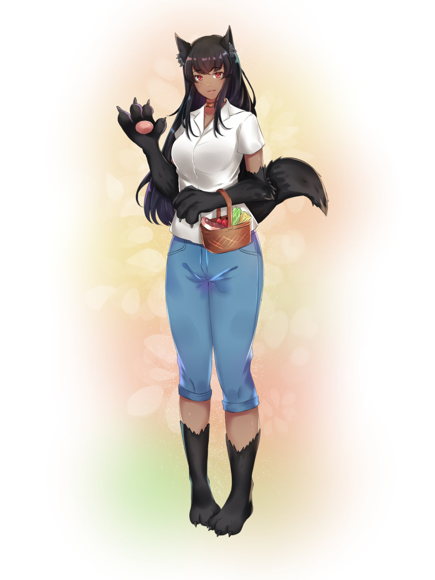 1girl animal_ears anubis_(monster_girl_encyclopedia) black_hair blue_shorts breasts collar collared_shirt commission denim denim_shorts full_body fur hand_up highres large_breasts looking_at_viewer minokyu monster_girl monster_girl_encyclopedia no_shoes parted_lips paws picnic_basket pink_background red_eyes shirt short_sleeves shorts smile solo standing tail waving white_shirt wolf_ears wolf_tail