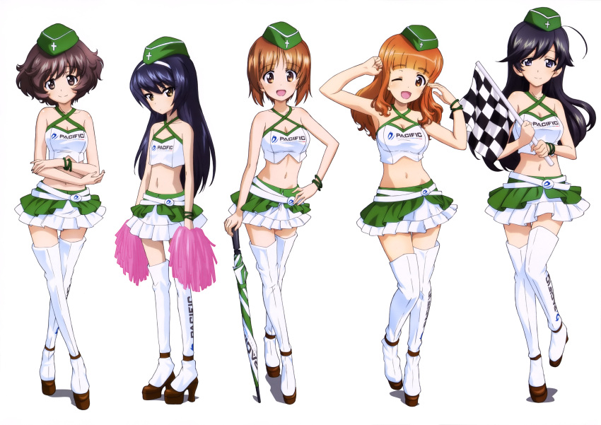 5girls ;d absurdres ahoge akiyama_yukari armpits bangs blue_eyes blue_hair blunt_bangs boots bracelet breasts checkered checkered_flag cleavage closed_umbrella crop_top crossed_arms flag flat_chest girls_und_panzer green_hat hairband halterneck hand_on_hip hat highres holding holding_flag isuzu_hana jewelry layered_skirt leg_up looking_at_viewer medium_breasts midriff mini_hat miniskirt multiple_girls navel nishizumi_miho official_art one_eye_closed open_mouth orange_hair pleated_skirt racequeen reizei_mako shiny shiny_hair short_hair simple_background skirt smile standing standing_on_one_leg stomach takebe_saori thigh-highs thigh_boots umbrella white_background white_footwear white_hairband yoshida_nobuyoshi zettai_ryouiki