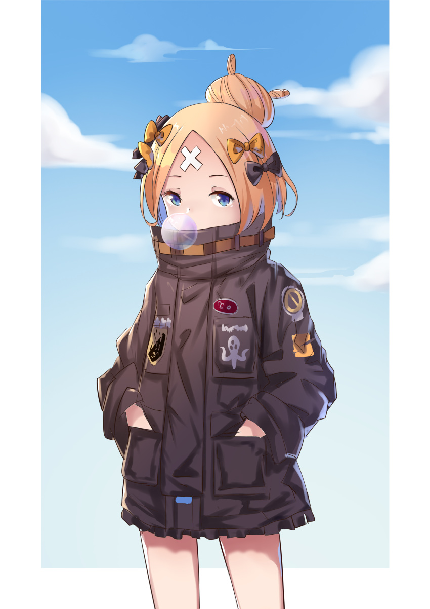 1girl abigail_williams_(fate/grand_order) absurdres bangs black_bow black_jacket blonde_hair blue_eyes blue_sky blush bow bubble_blowing chewing_gum clouds commentary_request day fate/grand_order fate_(series) hair_bow hair_bun hands_in_pockets highres jacket long_sleeves looking_at_viewer orange_bow parted_bangs shio_(7203802) sky solo standing