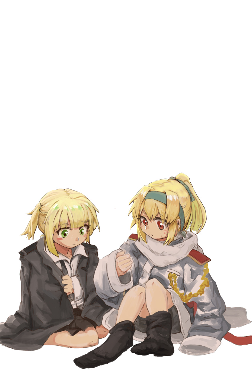 2girls absurdres artist_request blonde_hair child commentary_request girls_frontline green_eyes hair_tie hairband highres jacket military military_uniform multiple_girls necktie red_eyes scarf sv-98_(girls_frontline) twintails uniform welrod_mk2_(girls_frontline) younger
