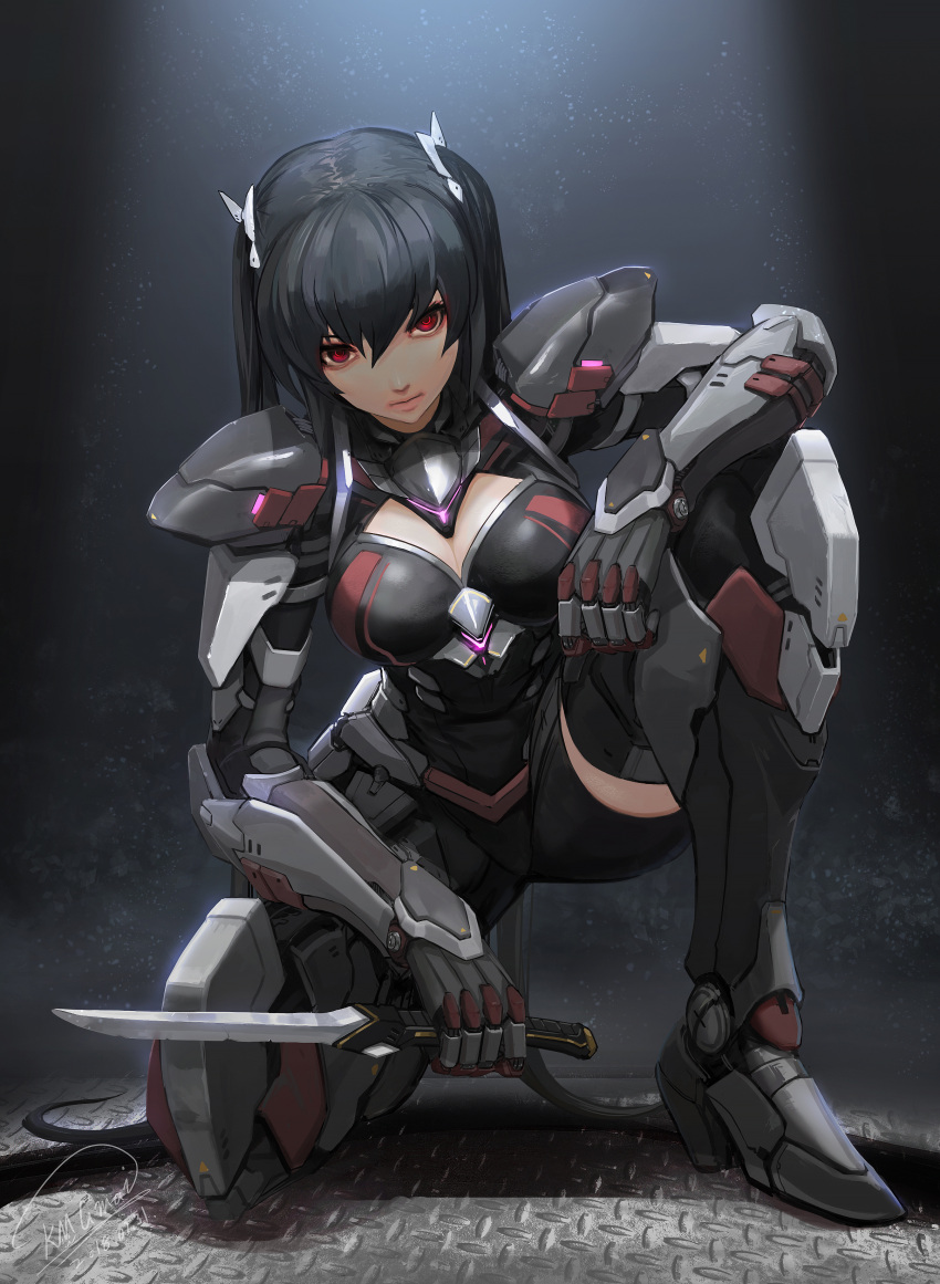 1girl absurdres black_hair cyborg dagger highres holding holding_dagger holding_weapon long_hair looking_at_viewer mechanical_arm mechanical_legs one_knee original red_eyes shou_mai solo twintails very_long_hair weapon