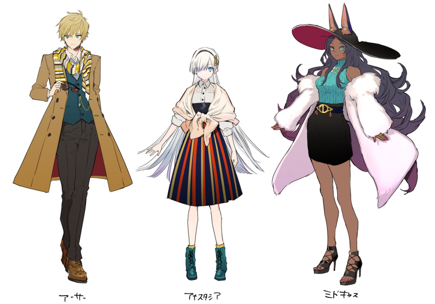 1boy 2girls anastasia_(fate/grand_order) arthur_pendragon_(fate) bare_shoulders black_pants blonde_hair blue_eyes boots coat commentary commentary_request curly_hair dark_skin dress ears_through_headwear eyewear_removed fate/grand_order fate_(series) hair_over_one_eye hairband hat highres jewelry long_hair multiple_girls necklace nozaki_tsubata off_shoulder pants queen_of_hearts sandals scarf short_hair simple_background sketch skirt smile sunglasses very_long_hair white_background white_hair