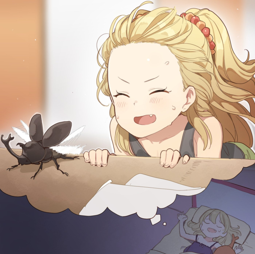 1girl bare_shoulders blonde_hair blush closed_eyes collarbone doremi fang flat_chest futon hair_ornament hair_scrunchie happy highres idolmaster idolmaster_cinderella_girls jougasaki_rika long_hair lying on_back open_mouth orange_scrunchie paper pillow rhinoceros_beetle scrunchie sleeping smile stuffed_animal stuffed_rhinoceros_beetle stuffed_toy sweatdrop