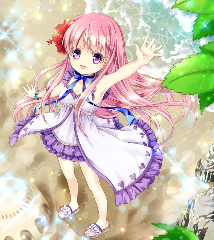 1girl arm_up armpits beach bracelet commentary_request dress flower from_above hair_flower hair_ornament hakamada_hinata highres jewelry long_hair looking_up masaki_mitsuki open_mouth outdoors pink_eyes pink_hair purple_dress rou-kyuu-bu! sand_sculpture sandals smile solo sundress very_long_hair