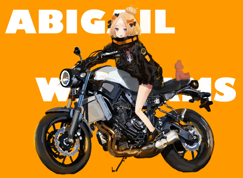 1girl :d abigail_williams_(fate/grand_order) absurdres alsielmk background_text bangs black_footwear black_jacket blonde_hair blue_eyes character_name commentary_request fate/grand_order fate_(series) ground_vehicle hair_bun highres jacket long_hair long_sleeves looking_at_viewer motor_vehicle motorcycle open_mouth orange_background parted_bangs shoes sitting sleeves_past_fingers sleeves_past_wrists smile solo stuffed_animal stuffed_toy teddy_bear upper_teeth