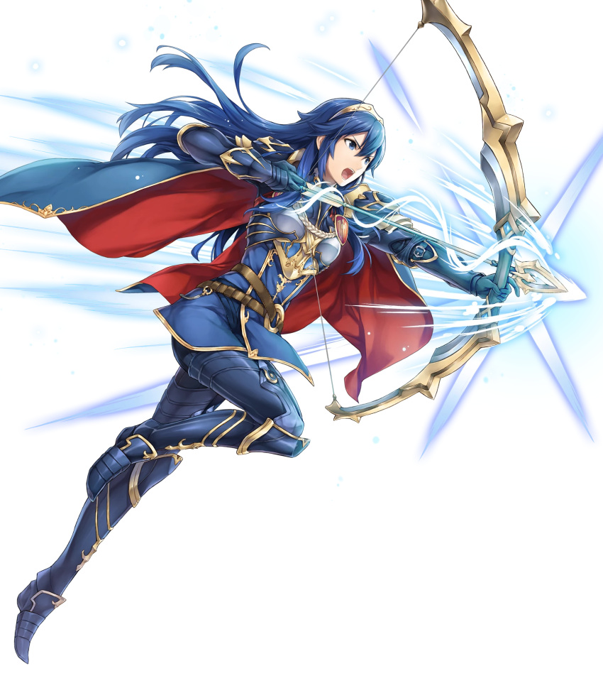 1girl armor arrow blue_eyes blue_hair bow_(weapon) fire_emblem fire_emblem:_kakusei fire_emblem_heroes full_body highres long_hair lucina official_art solo transparent_background weapon yamada_koutarou