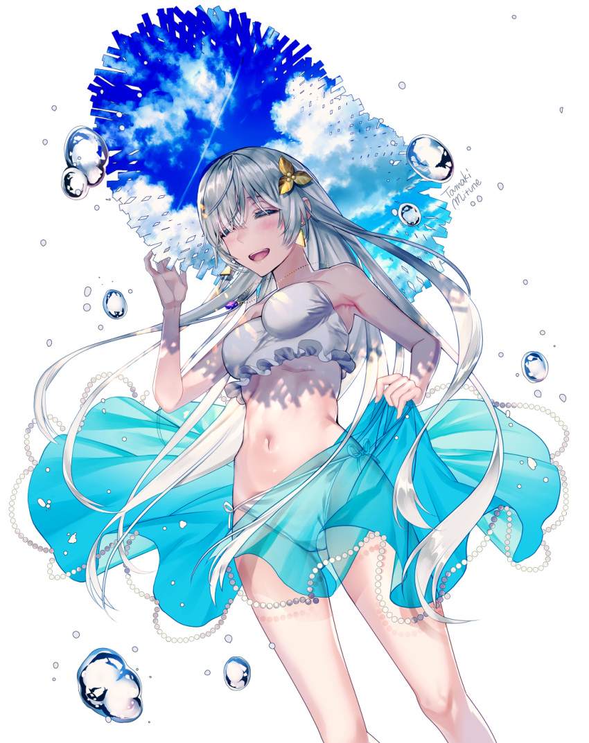 1girl :d anastasia_(fate/grand_order) bare_arms bare_shoulders bikini blue_sky blush breasts closed_eyes clouds cloudy_sky commentary_request fate/grand_order fate_(series) hat highres medium_breasts navel open_mouth see-through side-tie_bikini simple_background sky smile solo straw_hat swimsuit tamaki_mitsune water_drop white_background white_bikini
