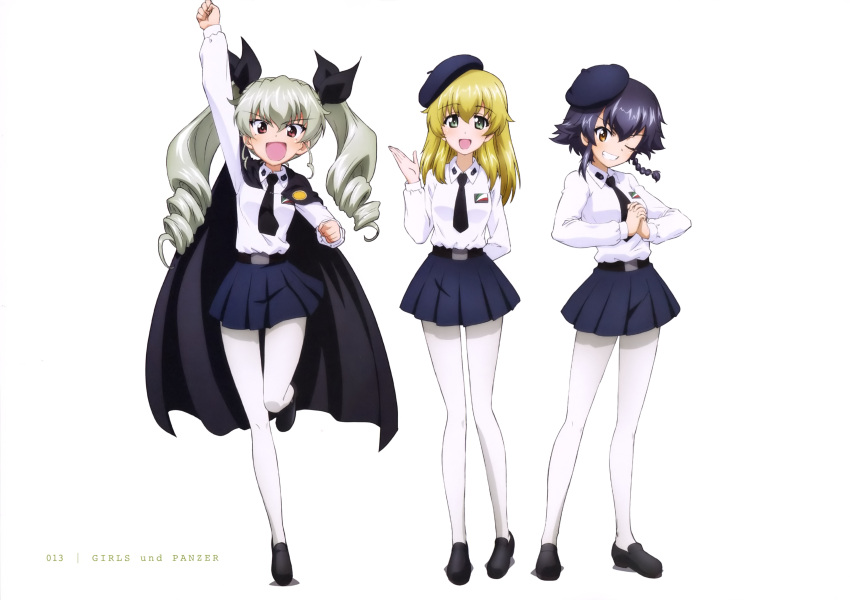 3girls :d ;d absurdres anchovy anzio_school_uniform arm_behind_back arm_up belt black_cape black_footwear black_hair black_neckwear black_ribbon blonde_hair blue_hat blue_skirt braid cape carpaccio copyright_name eyebrows_visible_through_hair floating_hair full_body girls_und_panzer green_eyes grin hair_between_eyes hair_ribbon hands_clasped hat highres leg_up long_hair looking_at_viewer miniskirt multiple_girls necktie official_art one_eye_closed open_mouth own_hands_together page_number pantyhose pepperoni_(girls_und_panzer) pleated_skirt red_eyes ribbon shiny shiny_hair shirt short_hair_with_long_locks sidelocks silver_hair simple_background single_braid skirt smile standing standing_on_one_leg twintails white_background white_legwear white_shirt yoshida_nobuyoshi