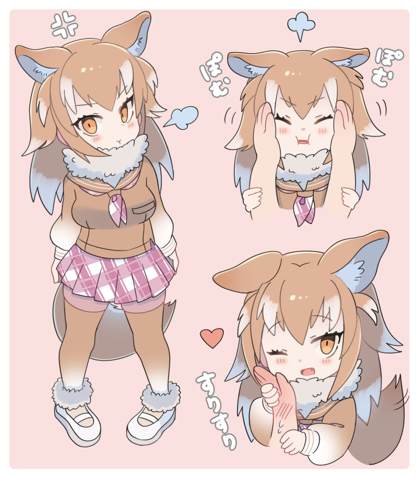1girl ancolatte_(onikuanco) anger_vein animal_ears blush commentary_request disembodied_limb eyebrows_visible_through_hair fang full_body fur_collar hand_on_another's_face headshot heart highres japanese_wolf_(kemono_friends) kemono_friends light_brown_hair long_hair long_sleeves multicolored_hair multiple_views neckerchief plaid plaid_neckwear plaid_skirt pleated_skirt sailor_collar skirt squishing sweatdrop sweater tail thigh-highs white_hair wolf_ears wolf_tail zettai_ryouiki