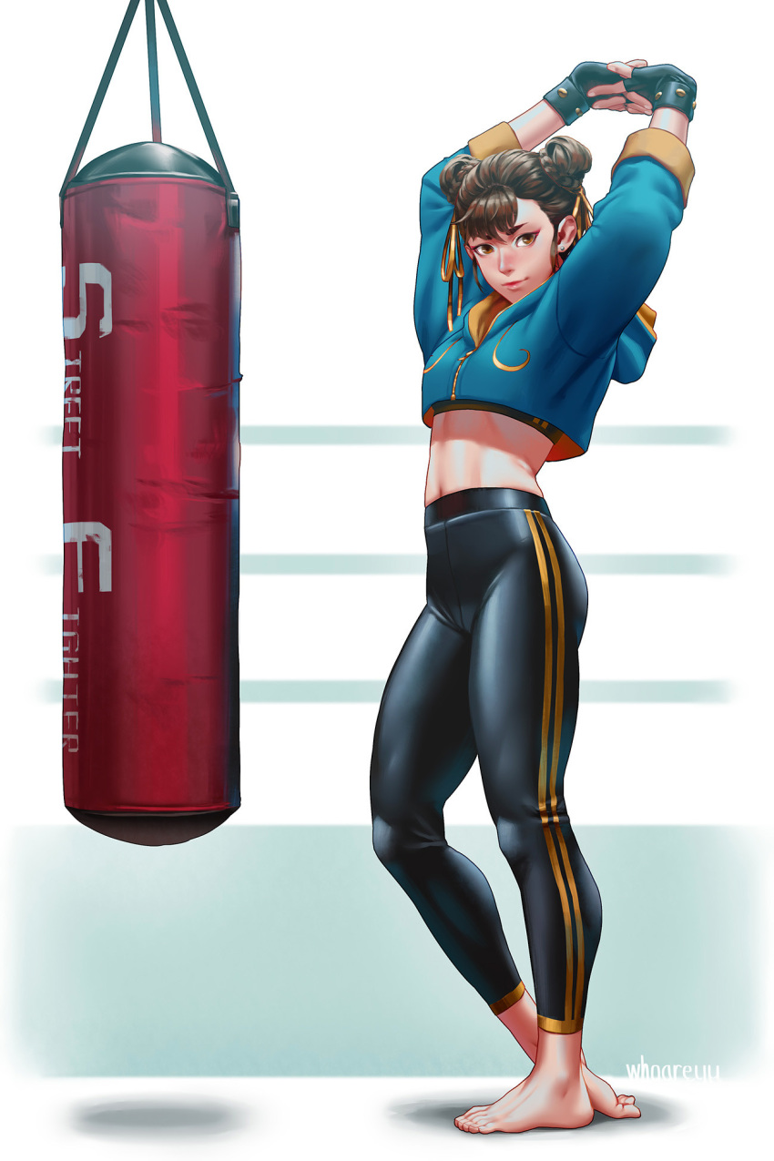 1girl arms_up artist_name barefoot black_gloves brown_eyes brown_hair capcom chun-li cropped_jacket double_bun earrings fingerless_gloves full_body gloves hair_bun hair_ribbon highres hood hoodie jewelry looking_at_viewer midriff navel pants punching_bag ribbon simple_background smile solo stomach street_fighter stretch stud_earrings toned white_background whoareuu yoga_pants