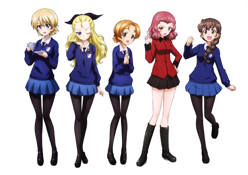 5girls :d absurdres assam black_bow black_footwear black_legwear black_neckwear black_skirt blonde_hair blue_eyes blue_skirt blue_sweater boots bow braid brown_eyes brown_hair collarbone cup darjeeling eyebrows_visible_through_hair full_body girls_und_panzer hair_bow hair_over_shoulder hand_in_hair hand_on_hip hands_together highres holding holding_cup index_finger_raised jacket knee_boots leg_up loafers long_hair looking_at_viewer miniskirt multiple_girls necktie official_art open_mouth orange_hair orange_pekoe pantyhose pleated_skirt red_jacket redhead rosehip rukuriri shiny shiny_hair shirt shoes simple_background single_braid skirt smile st._gloriana's_military_uniform st._gloriana's_school_uniform standing standing_on_one_leg sweater teacup tied_hair violet_eyes white_background white_shirt yoshida_nobuyoshi