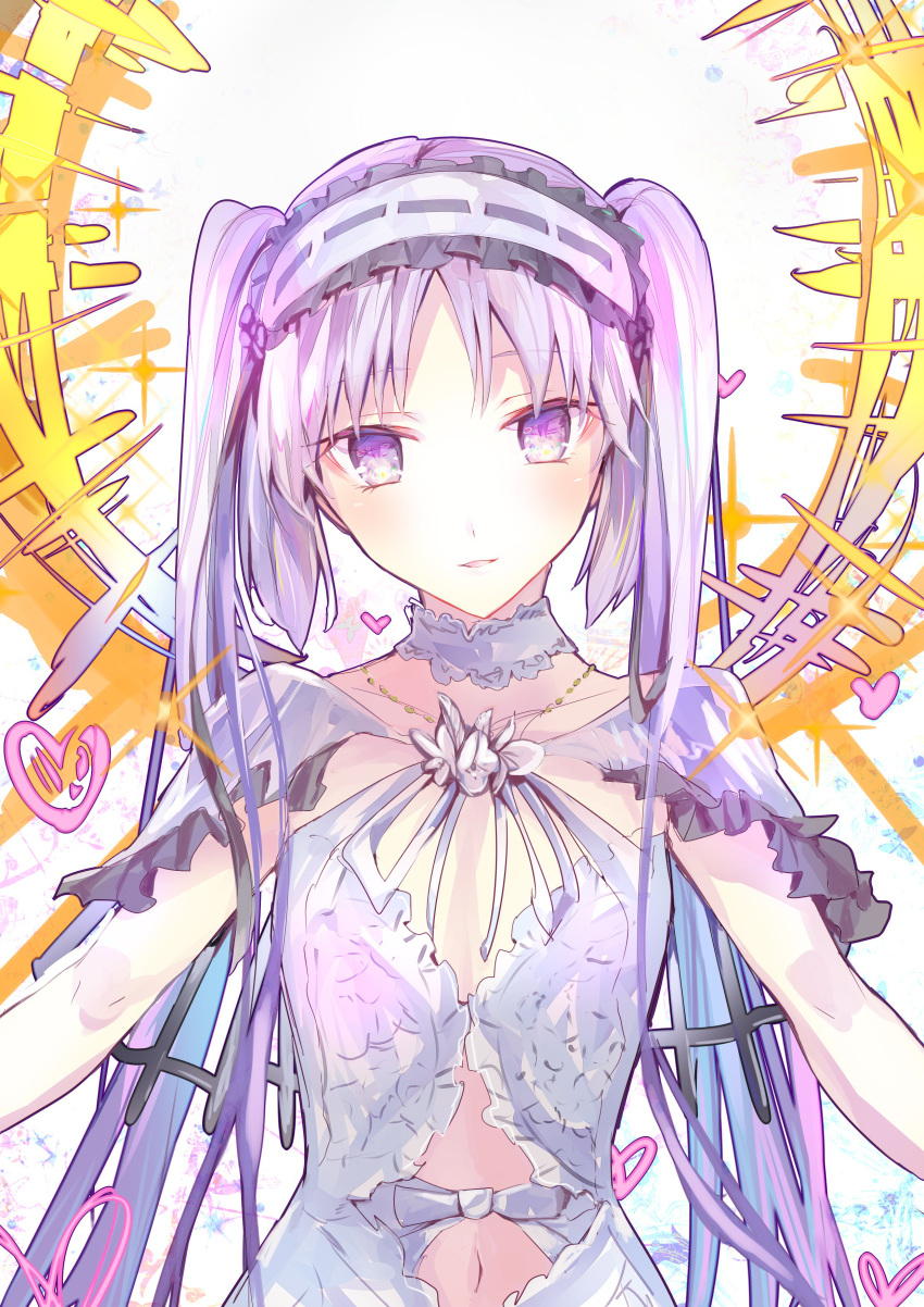 1girl absurdres collarbone commentary_request dress fate/grand_order fate/hollow_ataraxia fate_(series) flower frilled_hairband frills hairband head_tilt heart highres long_hair looking_at_viewer navel navel_cutout purple_hair ribbon ribbon-trimmed_hairband ribbon_trim sleeveless sleeveless_dress smile solo stheno tomozero twintails very_long_hair violet_eyes white_dress white_flower white_hairband white_ribbon