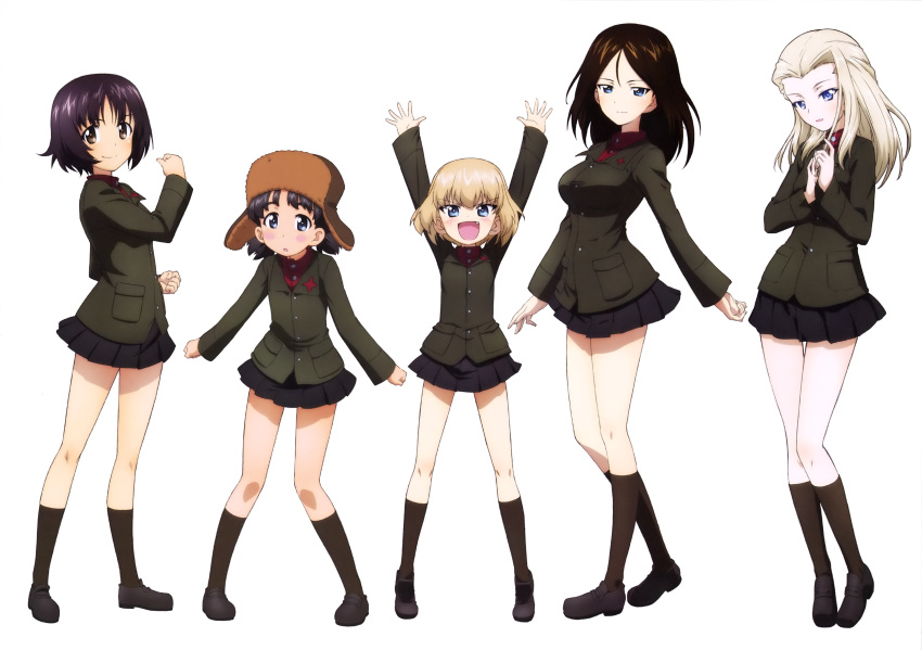 5girls :d absurdres arms_up black_footwear black_legwear black_skirt blonde_hair blue blue_eyes brown_eyes brown_hair brown_hat brown_jacket clara_(girls_und_panzer) eyes fang floating_hair full_body girls_und_panzer hair_between_eyes hat highres jacket katyusha kneehighs long_hair looking_at_viewer miniskirt multiple_girls nina_(girls_und_panzer) nonna official_art open_mouth pleated_skirt pravda_military_uniform red_shirt shirt short_hair short_twintails silver_hair simple_background skirt smile standing twintails white_background yoshida_nobuyoshi