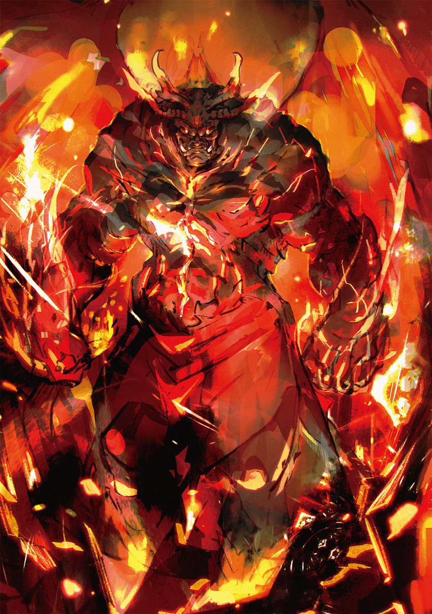 1boy demon demon_boy embers fangs fire highres horns no_humans official_art official_style overlord_(maruyama) smoke so-bin