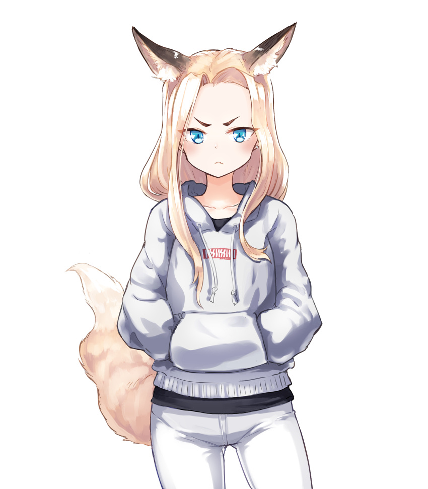 1girl animal_ears blonde_hair blue_eyes blush closed_mouth collarbone denim drawstring ear_piercing fang_out fox_ears fox_tail gluteal_fold hands_in_pockets highres hood hoodie jeans lips long_hair long_sleeves looking_at_viewer nosuku original pants piercing simple_background solo standing tail white_background white_pants