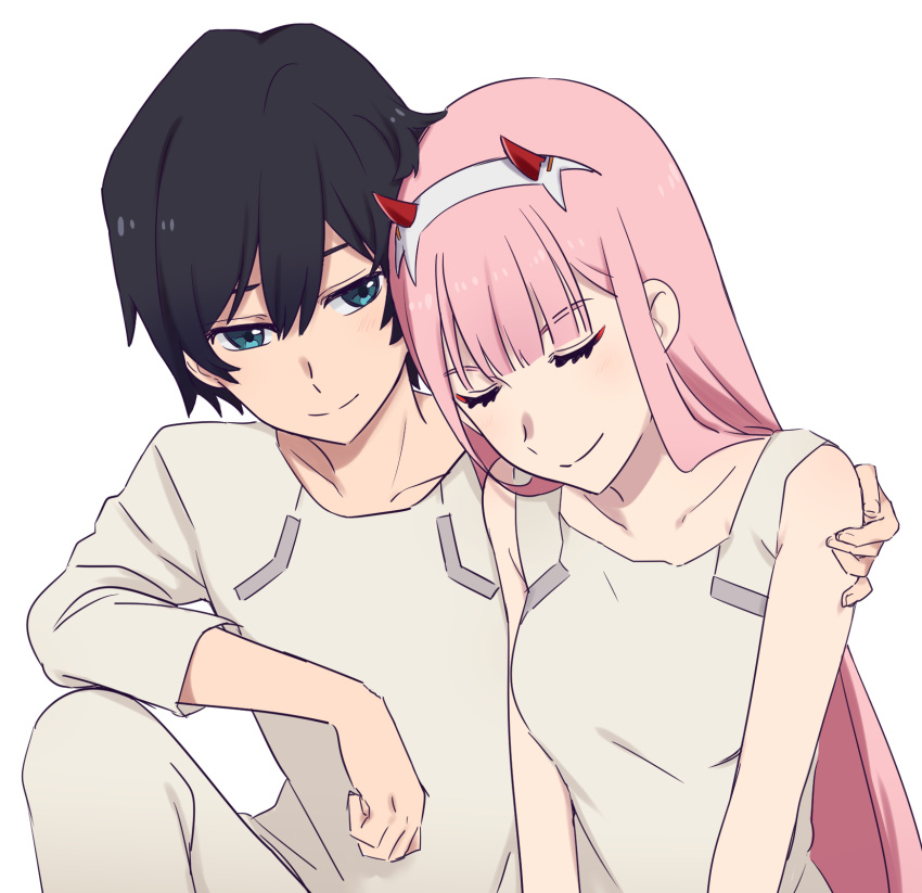 1boy 1girl arm_on_knee bangs beige_pants beige_shirt black_hair blue_eyes breasts closed_eyes commentary couple darling_in_the_franxx english_commentary eyebrows_visible_through_hair hair_ornament hairband hand_on_another's_shoulder hetero highres hiro_(darling_in_the_franxx) horns k_016002 long_hair looking_at_viewer medium_breasts nightgown oni_horns pajamas pants pink_hair red_horns shirt short_hair sleeping sleeping_on_person sleeveless sleeves_rolled_up white_hairband zero_two_(darling_in_the_franxx)
