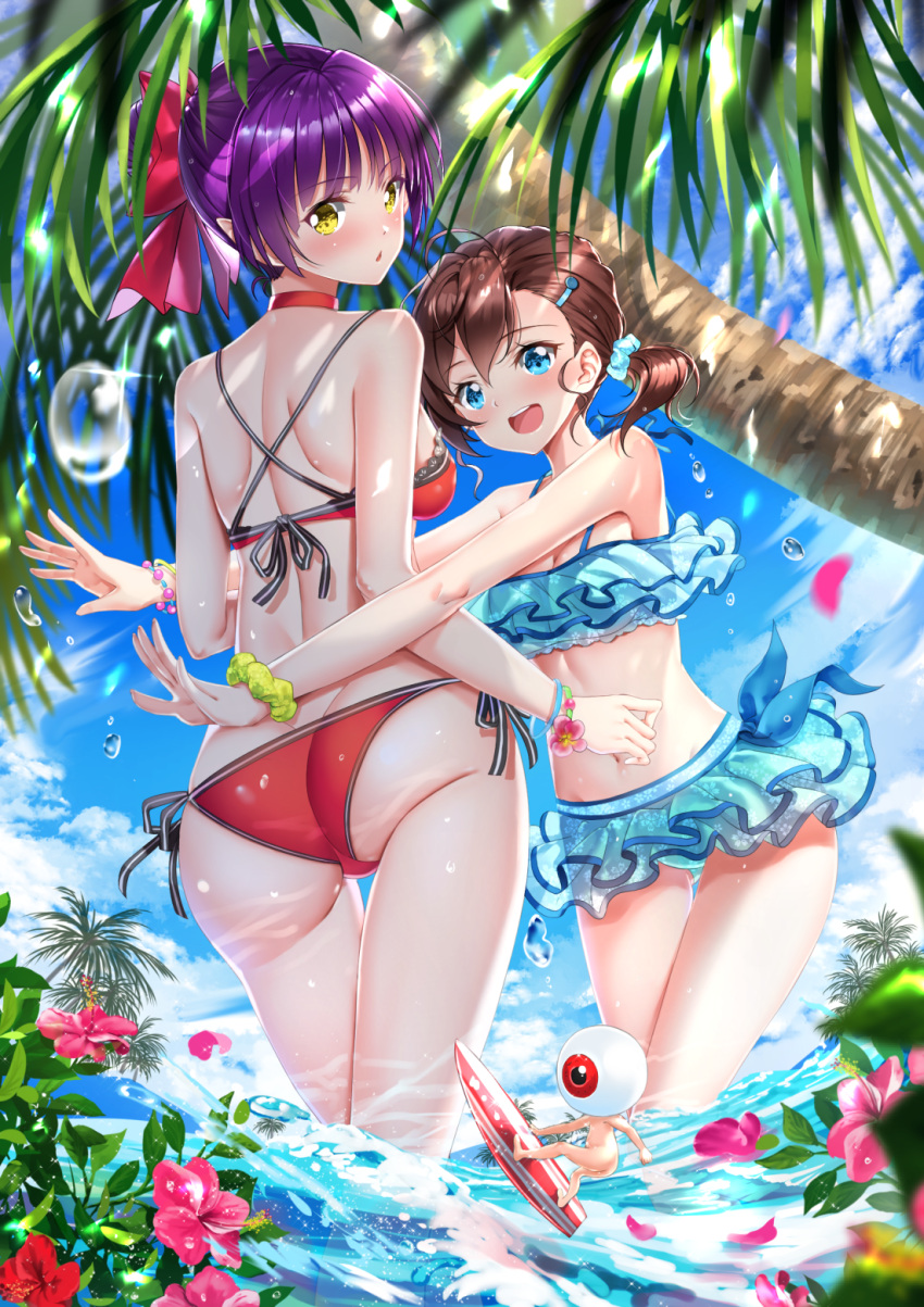 2girls :d ass bangs bare_arms bare_shoulders bikini blue_bikini blue_eyes blue_scrunchie blue_sky blurry blurry_foreground blush bow braid breasts brown_eyes brown_hair clouds commentary_request day depth_of_field dutch_angle eyebrows_visible_through_hair flower gegege_no_kitarou green_scrunchie hair_between_eyes hair_bow hair_bun hair_ornament hair_scrunchie hairclip highres horizon inuyama_mana looking_at_viewer looking_back low_ponytail medium_breasts motion_blur multiple_girls nekomusume nekomusume_(gegege_no_kitarou_6) ocean open_mouth outdoors outstretched_arms palm_tree parted_lips petals petals_on_liquid pink_flower purple_hair red_bikini red_bow red_flower scrunchie short_ponytail side-tie_bikini sky smile sparkle surfboard swimsuit swordsouls tree upper_teeth water water_drop wrist_scrunchie