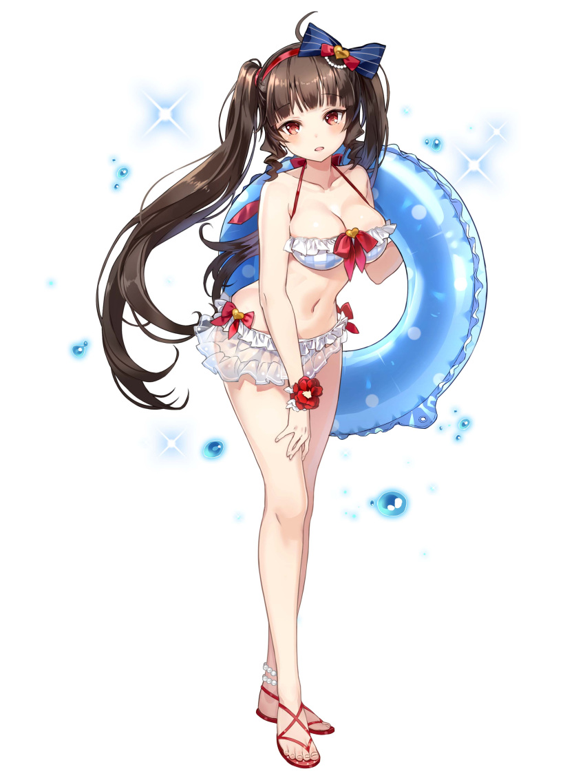 1girl absurdres bare_shoulders breasts brown_hair hairband highres lifebuoy lily_bloomerchen looking_at_viewer red_eyes ribbon soul_worker twintails