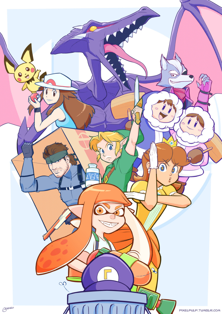 4boys 4girls alien beard blonde_hair blue_(pokemon) blue_eyes box brown_hair bug crown domino_mask dragon dress earrings eyepatch facial_hair fangs flower_earrings fly gen_2_pokemon gloves hammer hat headband highres hood ice_climber ice_climbers ink_tank_(splatoon) inkling insect jewelry left-handed link long_hair looking_at_viewer super_mario_bros. mask metal_gear_(series) metal_gear_solid metroid milk monster multiple_boys multiple_girls mustache nana_(ice_climber) open_mouth pichu pixelpulp pointy_ears poke_ball pokemon pokemon_(creature) pokemon_(game) pokemon_frlg popo_(ice_climber) porkpie_hat princess_daisy ridley sharp_teeth shirt smile sneaking_suit solid_snake spikes splatoon splattershot_(splatoon) star_fox star_fox_zero super_mario_bros. super_smash_bros. sword teeth tentacle_hair the_legend_of_zelda the_legend_of_zelda:_ocarina_of_time tongue trash_can waluigi weapon wings wolf_o'donnell yellow_dress yellow_eyes young_link