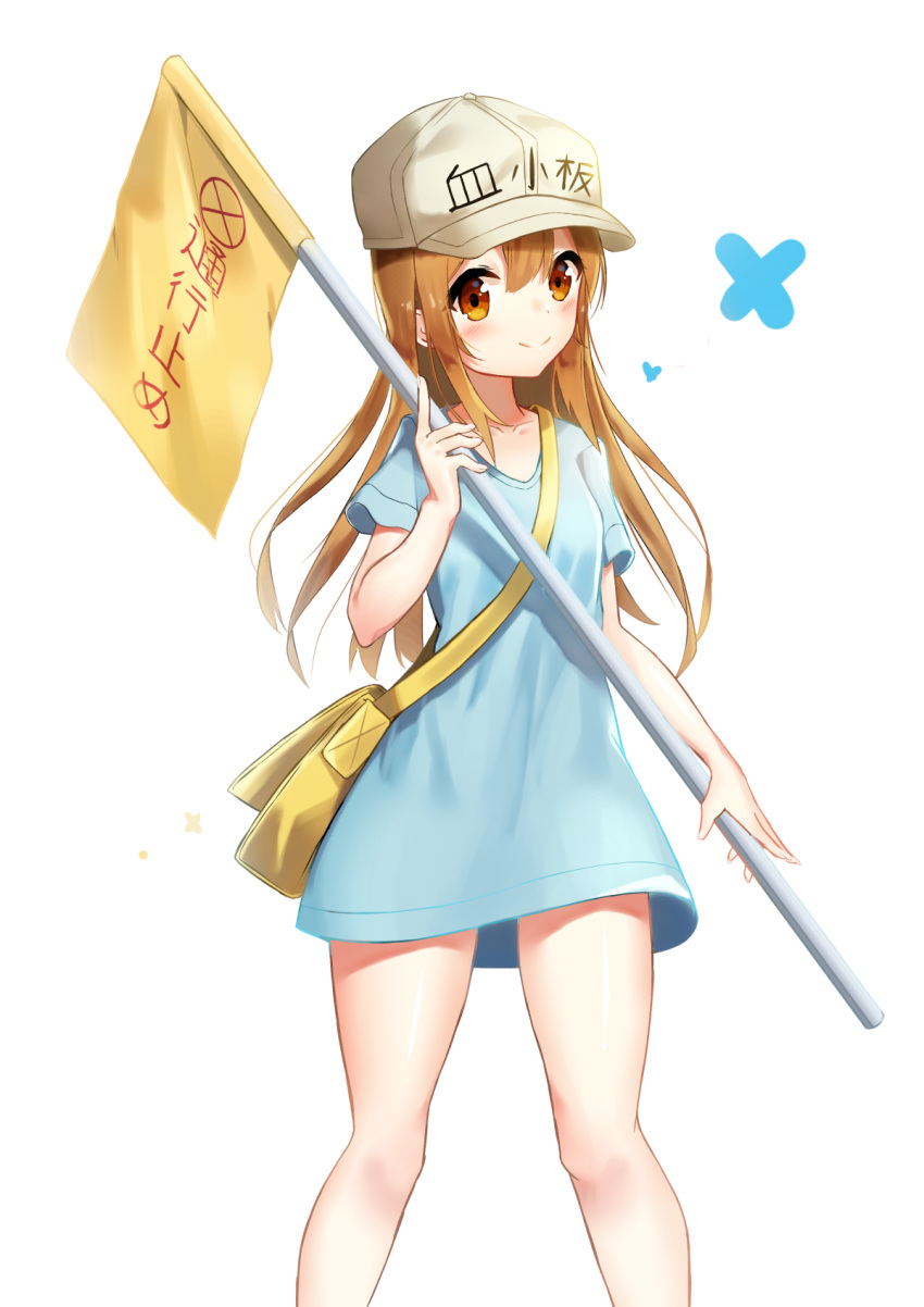 1girl bag blue_shirt blush brown_eyes brown_hat character_name closed_mouth clothes_writing collarbone commentary_request fingernails flag flat_cap hand_up hat hataraku_saibou highres holding holding_flag light_brown_hair long_hair platelet_(hataraku_saibou) seero shirt short_sleeves shoulder_bag simple_background smile solo standing very_long_hair white_background