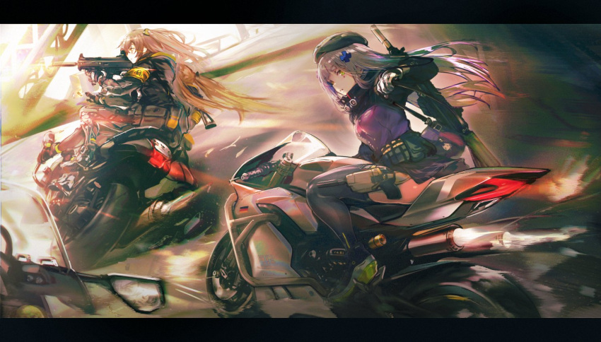 3girls afukuro aiming armband assault_rifle beret black_legwear brown_hair girls_frontline green_eyes grey_hair gun h&amp;k_ump hat heckler_&amp;_koch hk416 hk416_(girls_frontline) jacket letterboxed long_hair looking_back motion_blur multiple_girls one_side_up parted_lips rifle scar scar_across_eye siblings silver_hair sisters skirt submachine_gun teardrop thigh-highs twins ump45_(girls_frontline) ump9_(girls_frontline) weapon