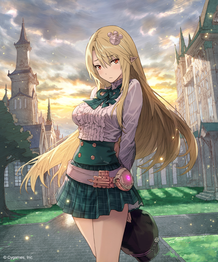 1girl arms_behind_back black_hat blonde_hair blush clouds cloudy_sky cowboy_shot day dress_shirt eyebrows_visible_through_hair ezusuke floating_hair green_ribbon hair_ornament hat hat_removed headwear_removed high-waist_skirt highres holding holding_hat long_hair looking_at_viewer miniskirt neck_ribbon outdoors pleated_skirt pointy_ears red_eyes ribbon shingeki_no_bahamut shirt skirt sky solo standing very_long_hair white_shirt