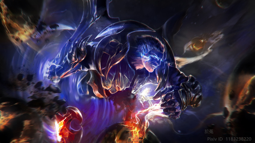 1boy alternate_costume armor blue_eyes darius_(league_of_legends) from_side gauntlets glowing glowing_eyes highres holding holding_weapon league_of_legends magic short_hair solo space translation_request weapon wutu_(1183238220)