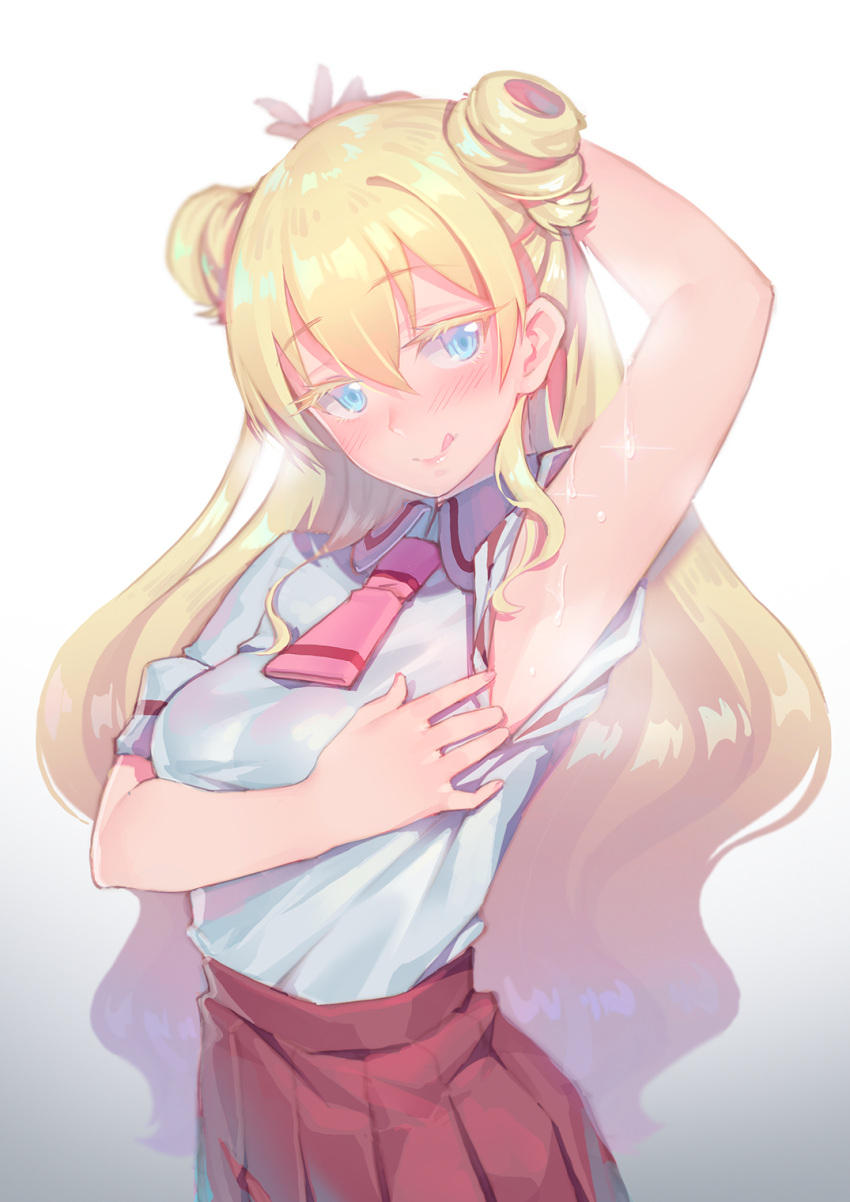 1girl :q arm_up armpits asobi_asobase blonde_hair blue_eyes blush breasts closed_mouth collared_shirt colored_eyelashes double_bun eyebrows_visible_through_hair fiodo hair_between_eyes head_tilt highres long_hair looking_at_viewer medium_breasts olivia_(asobi_asobase) pleated_skirt red_skirt school_uniform shirt short_sleeves skirt smile solo sparkle tongue tongue_out very_long_hair white_background white_shirt wing_collar