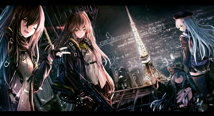 404_(girls_frontline) 4girls armband assault_rifle bangs beret black_gloves black_legwear blunt_bangs blush breasts brown_eyes brown_hair bullpup city_lights cityscape cleavage eiffel_tower eyebrows_visible_through_hair facial_mark fingerless_gloves g11 g11_(girls_frontline) girls_frontline gloves green_eyes gun haguruma_(hagurumali) hair_between_eyes hair_ornament hairclip hat heckler_&amp;_koch highres hk416 hk416_(girls_frontline) holding holding_gun holding_weapon jacket letterboxed logo long_hair looking_at_viewer medium_breasts multiple_girls night one_side_up open_clothes open_mouth pantyhose paris plaid plaid_skirt ribbon rifle scar scar_across_eye scarf shirt siblings sidelocks silver_hair sisters skirt smile submachine_gun thigh-highs twins twintails ump45_(girls_frontline) ump9_(girls_frontline) very_long_hair w weapon yellow_eyes