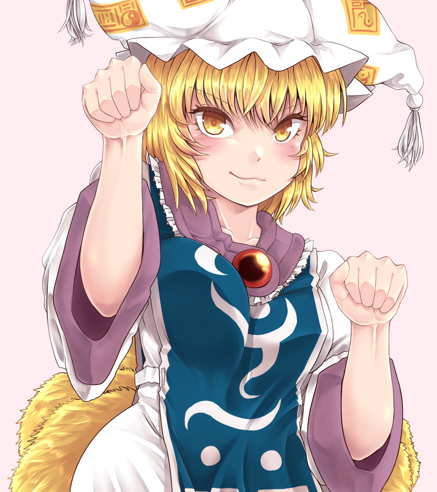 1girl :3 absurdres animal_ears blonde_hair blush breasts closed_mouth commentary_request eyebrows_visible_through_hair fox_ears fox_tail gem hands_up hat highres huge_filesize large_breasts looking_at_viewer multiple_tails ofuda paw_pose pink_background shirt simple_background skirt smile solo tabard tail toluda touhou upper_body white_hat white_shirt white_skirt yakumo_ran yellow_eyes