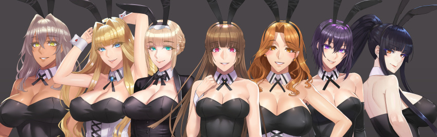 6+girls absurdres animal_ears aqua_eyes arm_at_side arms_behind_head arms_up bangs bare_arms bare_shoulders black_gloves black_hair black_jacket black_leotard blonde_hair blue_eyes blunt_bangs blush bow bowtie braid breasts brown_eyes brown_hair bunny_girl bunnysuit cleavage collarbone commentary corset daglasses dark_skin detached_collar earrings elbow_gloves erect_nipples eyebrows_visible_through_hair eyelashes fake_animal_ears french_braid from_side gloves grey_background grey_hair grin hair_intakes hairband hand_on_own_chest hand_up head_tilt highres huge_breasts jacket jewelry large_breasts leotard lips long_hair looking_at_viewer multiple_girls neck_ribbon original pale_skin ponytail purple_hair rabbit_ears red_eyes ribbon short_hair sideboob sidelocks simple_background smile standing straight_hair strapless strapless_leotard tsurime underbust upper_body violet_eyes wing_collar wrist_cuffs yellow_eyes