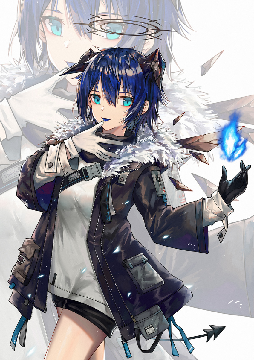 1girl :p arknights bangs black_gloves black_jacket black_shorts blue_eyes blue_fire blue_hair blue_tongue blush closed_mouth cowboy_shot detached_wings fire fur-trimmed_jacket fur_trim gloves grey_shirt hair_between_eyes halo highres horns jacket long_sleeves looking_at_viewer mismatched_gloves mostima_(arknights) open_clothes open_jacket pouch shirt short_hair short_shorts shorts smile solo tail thighs thumb_to_mouth tongue tongue_out white_background white_gloves wings yuuki_mix zoom_layer
