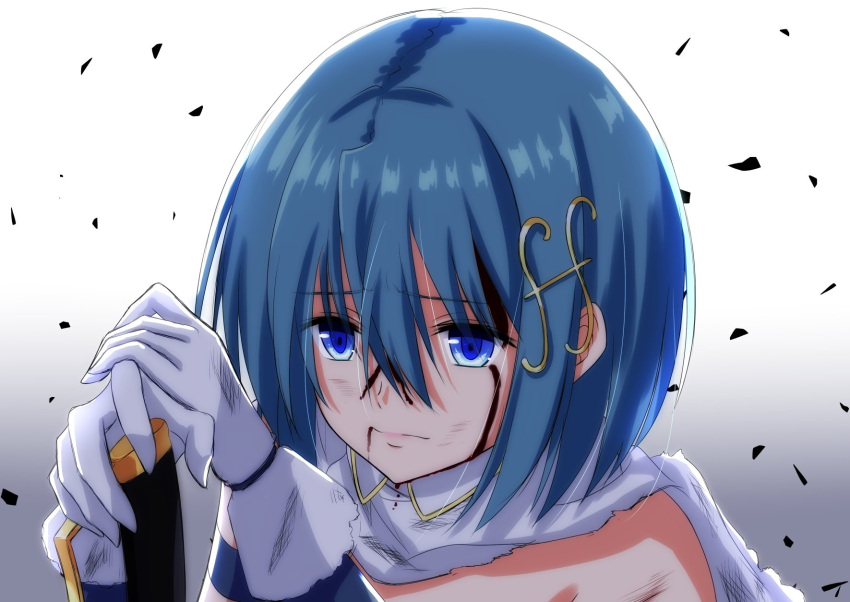 1girl blood blood_from_mouth blood_on_face blue_eyes blue_hair cape eyebrows_visible_through_hair gloves hair_between_eyes highres hinata_tino mahou_shoujo_madoka_magica mahou_shoujo_madoka_magica_movie miki_sayaka musical_note_hair_ornament planted_sword planted_weapon short_hair solo sword weapon white_background white_gloves