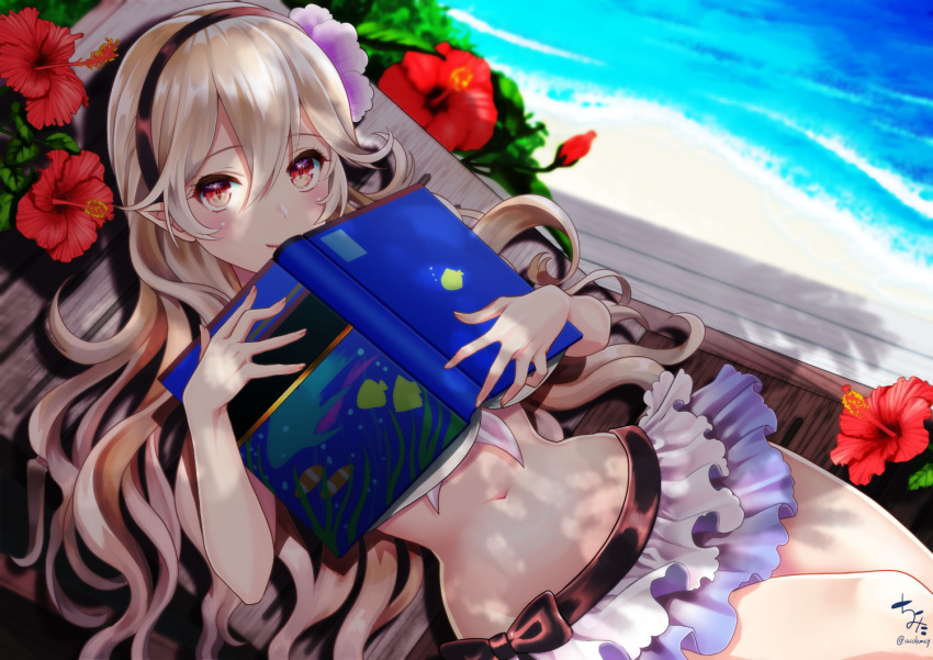 1girl bangs beach bikini_skirt blurry blurry_background blush book chair closed_mouth commentary_request day dutch_angle eyebrows_visible_through_hair fingernails fire_emblem fire_emblem_heroes fire_emblem_if flower hair_between_eyes head_tilt kumehara_chiyota light_brown_hair long_hair looking_at_viewer lounge_chair lying my_unit_(fire_emblem_if) navel on_back open_book outdoors purple_flower red_eyes red_flower sand signature smile solo twitter_username very_long_hair water white_bikini_bottom