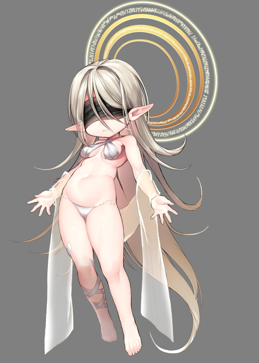 1girl absurdres bare_legs bare_shoulders barefoot black_blindfold blindfold breasts closed_mouth criss-cross_halter facing_viewer floating grey_background groin halo halterneck head_tilt highres ia_(ias1010) light_brown_hair long_hair medium_breasts navel original panties pointy_ears see-through solo underwear very_long_hair white_panties