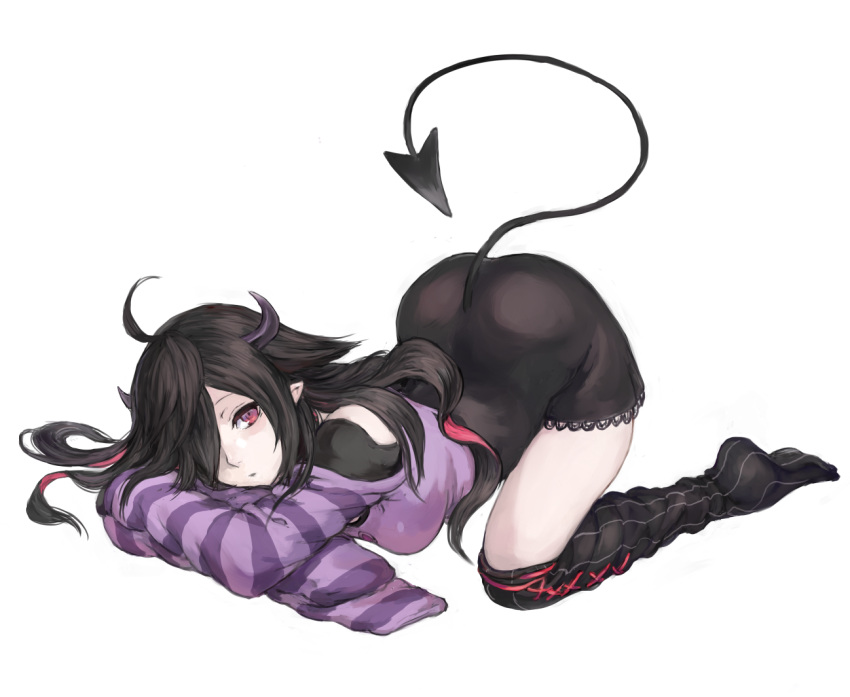 1girl ahoge arm_pillow ass bangs black_hair black_legwear black_shirt black_skirt breasts buckle closed_mouth commentary crop_top demon_girl demon_horns demon_tail expressionless full_body hair_flaps hair_over_one_eye high-waist_skirt horns long_hair looking_at_viewer medium_breasts multicolored_hair nijisanji off-shoulder_shirt off_shoulder pale_skin purple_shirt red_eyes redhead shirt shu-mai simple_background skirt sleeves_past_fingers sleeves_past_wrists solo striped striped_legwear tail thigh-highs top-down_bottom-up two-tone_hair vertical-striped_legwear vertical_stripes virtual_youtuber white_background yamiyono_moruru