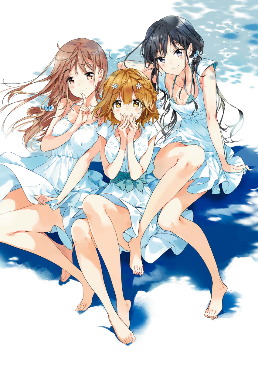 3girls arm_support barefoot black_eyes black_hair breasts brown_hair cleavage cola collarbone dress finger_to_mouth floating_hair flower hair_flower hair_ornament hand_in_hair highres index_finger_raised long_hair looking_at_viewer masamune-kun_no_revenge medium_breasts multiple_girls short_dress sitting sleeveless sleeveless_dress small_breasts smile tiv white_background white_dress white_flower