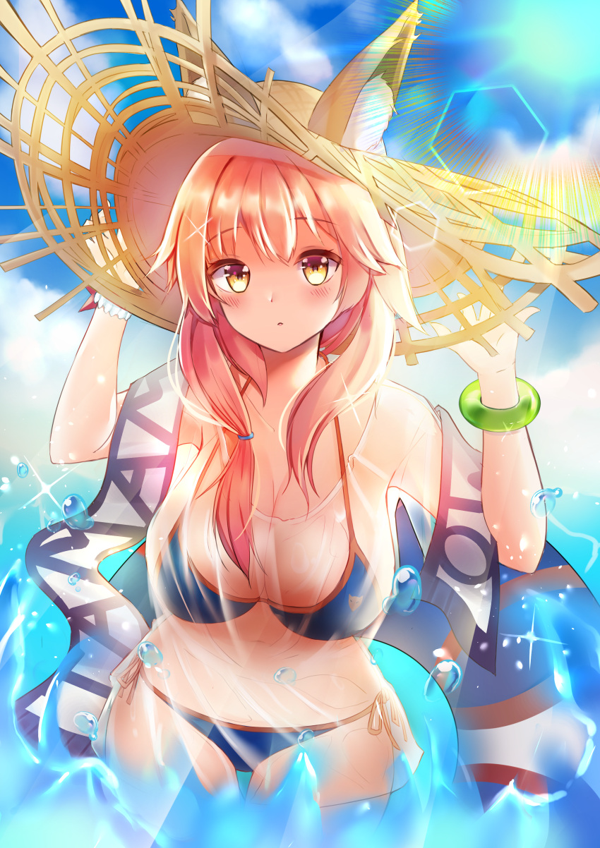 1girl absurdres adjusting_clothes adjusting_hat animal_ears bikini blue_bikini blush breasts cleavage collarbone covered_navel day ears_through_headwear fate/grand_order fate_(series) fox_ears hat highres large_breasts looking_at_viewer ocean outdoors pink_hair shirt side-tie_bikini solo straw_hat swimsuit tamamo_(fate)_(all) tamamo_no_mae_(swimsuit_lancer)_(fate) wet wet_clothes wet_shirt wet_t-shirt yellow_eyes