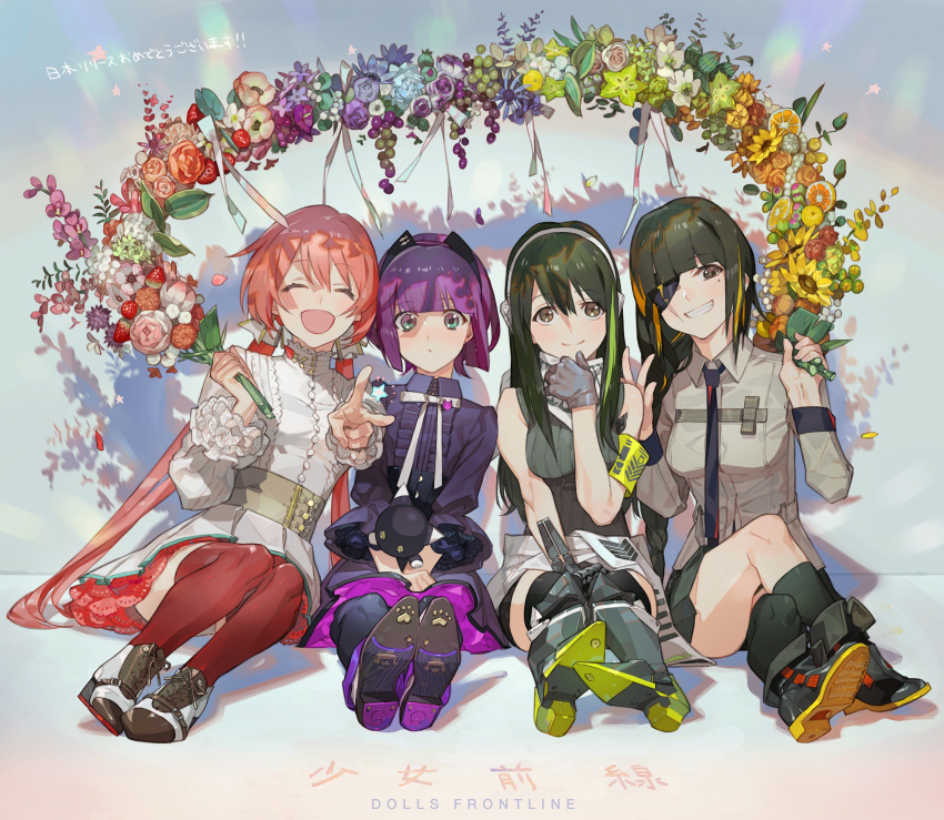 4girls :d ^_^ announcement_celebration armband bangs black_hair black_legwear carcano_m91/38_(girls_frontline) closed_eyes closed_eyes copyright_name eyebrows_visible_through_hair girls_frontline green_hair grin hand_up highres long_hair looking_at_viewer m16a1_(girls_frontline) m1891_(girls_frontline) m4a1_(girls_frontline) mole mole_under_eye multicolored_hair multiple_girls nishihara_isao open_mouth orange_hair purple_hair purple_legwear redhead short_hair sitting smile streaked_hair uniform v