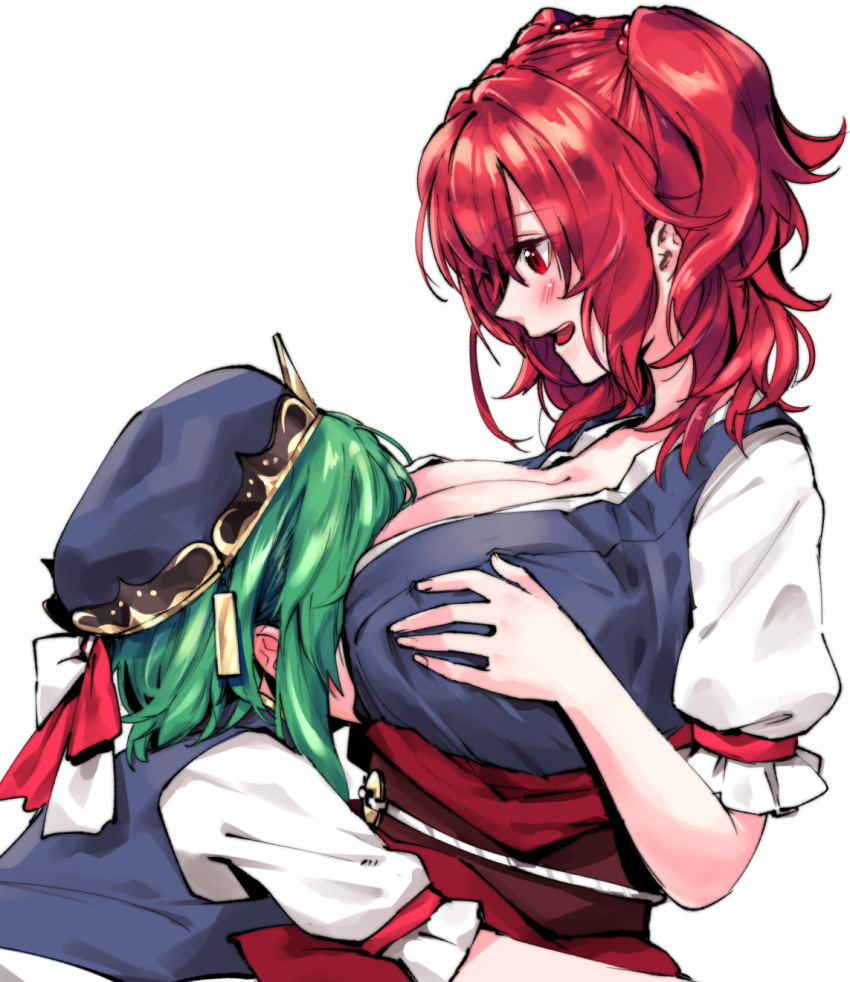 2girls :d between_breasts blue_dress blue_hat blue_vest blush bow breast_smother breasts cleavage commentary_request dress eyebrows_visible_through_hair from_side glomp green_hair hat hat_bow highres hug huge_breasts looking_at_another mappe_(778exceed) motorboating multiple_girls onozuka_komachi open_mouth profile puffy_short_sleeves puffy_sleeves red_bow red_eyes red_sash redhead shiki_eiki shirt short_hair short_sleeves simple_background smile touhou two-tone_bow two_side_up upper_body vest white_background white_bow white_shirt yuri