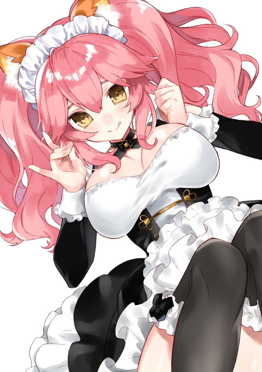 1girl animal_ears bangs black_legwear breasts detached_sleeves fate/extella fate/extra fate/grand_order fate_(series) fox_ears fox_shadow_puppet hasegawa_(rarairairai) highres large_breasts long_hair long_sleeves looking_at_viewer maid maid_headdress pink_hair simple_background smile tamamo_(fate)_(all) tamamo_no_mae_(fate) thigh-highs tongue tongue_out twintails wavy_hair white_background yellow_eyes