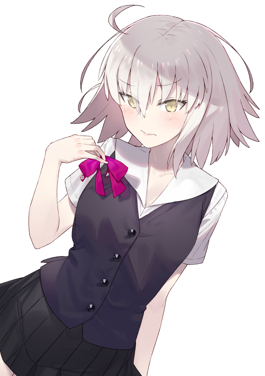 1girl absurdres ahoge arm_at_side blush breasts collarbone collared_shirt commentary_request contemporary cowboy_shot dutch_angle eyebrows_visible_through_hair eyes_visible_through_hair fate/grand_order fate_(series) hair_between_eyes hayashi_kewi highres jeanne_d'arc_(alter)_(fate) jeanne_d'arc_(fate)_(all) looking_at_viewer miniskirt pleated_skirt shirt short_hair short_sleeves silver_hair simple_background skirt tsurime vest wavy_mouth white_background white_shirt yellow_eyes