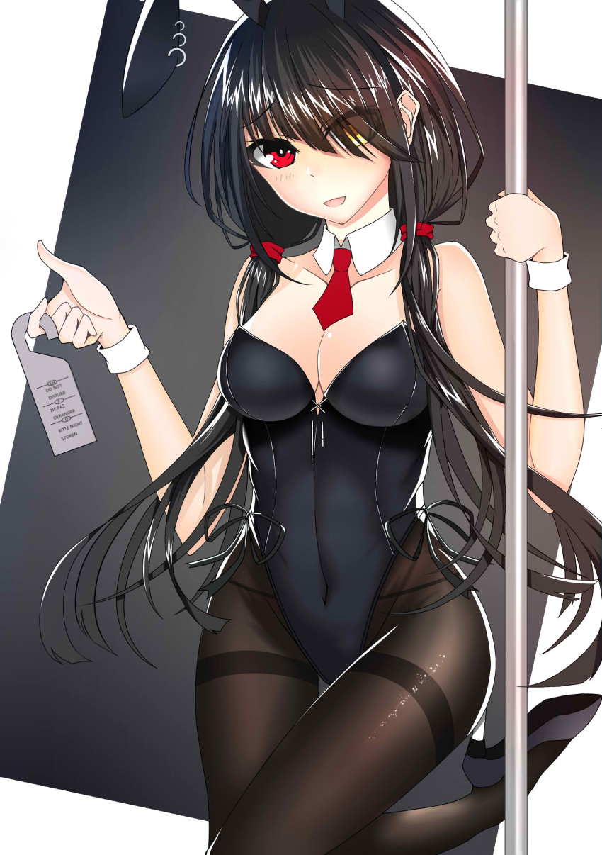 1girl absurdres alternate_costume animal_ears black_hair breasts bunnysuit cleavage covered_navel date_a_live detached_collar groin hair_over_one_eye heterochromia high_heels highres large_breasts long_hair pantyhose rabbit_ears red_eyes solo standing standing_on_one_leg thighband_pantyhose timaousi0zhy tokisaki_kurumi very_long_hair wrist_cuffs yellow_eyes