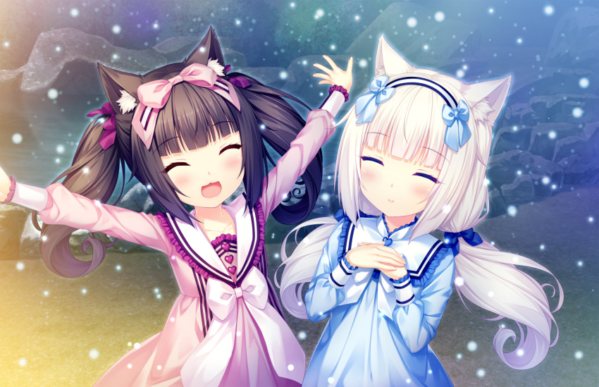 2girls :3 animal_ears arms_up black_hair blush bow cat_ears chocola_(sayori) closed_eyes closed_mouth dress eyebrows_visible_through_hair game_cg hair_bow hairband highres long_hair multiple_girls nekopara open_mouth outdoors sayori smile snow twintails vanilla_(sayori) white_hair younger