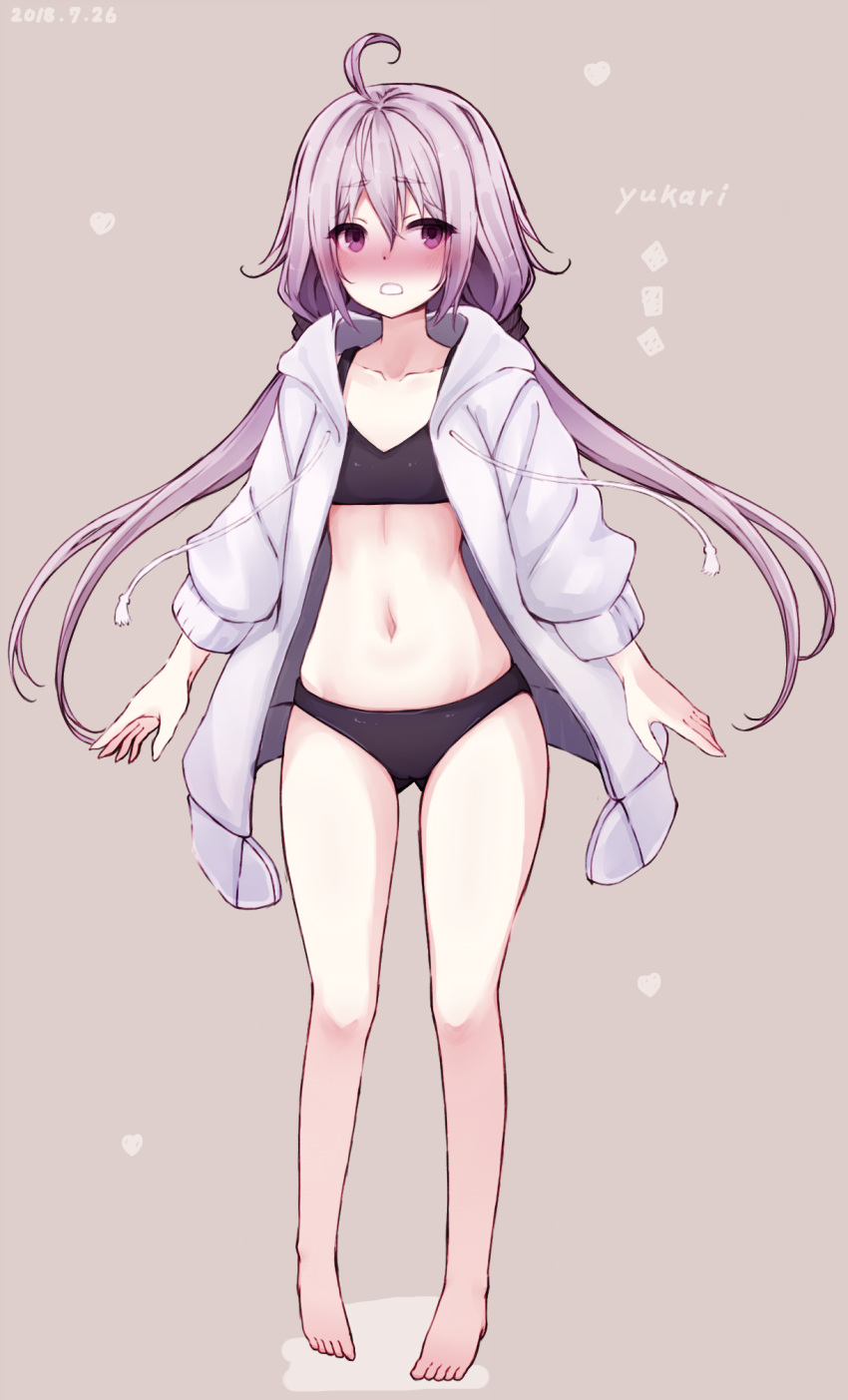 1girl 2018 ahoge arms_at_sides bangs bare_legs barefoot bikini black_bikini blush character_name collarbone dated drawstring eyebrows_visible_through_hair full_body furrowed_eyebrows gluteal_fold hachikuji hair_between_eyes highres hood hood_down hooded_jacket jacket legs_apart long_hair low_twintails navel nose_blush open_clothes open_jacket purple_hair solo swimsuit twintails very_long_hair vocaloid voiceroid yuzuki_yukari