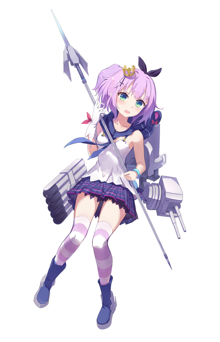 1girl :d absurdres azur_lane bangs black_ribbon blue_eyes blush boots camisole cannon commentary crown eyebrows_visible_through_hair full_body gloves green_eyes hair_ornament hair_ribbon highres holding holding_javelin javelin javelin_(azur_lane) looking_at_viewer lyrae mini_crown multicolored multicolored_eyes open_mouth pink_hair plaid plaid_skirt pleated_skirt purple_footwear purple_skirt ribbon simple_background single_glove skirt smile solo striped striped_legwear thigh-highs torpedo turret white_background white_camisole white_gloves