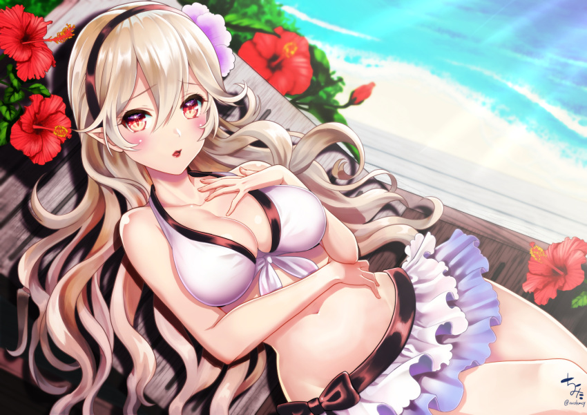 1girl bangs bare_arms bare_shoulders beach bikini bikini_skirt blurry blurry_background blush breasts chair cleavage collarbone day dutch_angle eyebrows_visible_through_hair fire_emblem fire_emblem_heroes fire_emblem_if flower front-tie_bikini front-tie_top hair_between_eyes head_tilt kumehara_chiyota light_brown_hair lips long_hair looking_at_viewer lounge_chair lying medium_breasts my_unit_(fire_emblem_if) on_back outdoors parted_lips purple_flower red_eyes red_flower sand signature solo swimsuit twitter_username very_long_hair water white_bikini