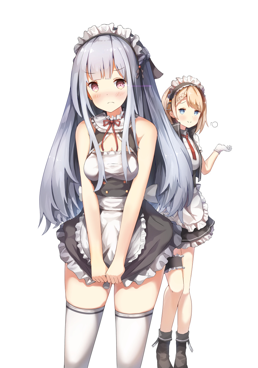 2girls absurdres ak-12_(girls_frontline) alternate_costume apron bangs bare_arms bare_shoulders black_dress black_footwear blue_eyes blush boots braid breasts cleavage closed_mouth commentary dress dress_tug english_commentary enmaided eyebrows_visible_through_hair frilled_apron frills g36_(girls_frontline) girls_frontline gloves highres light_brown_hair long_hair looking_at_viewer maid maid_headdress medium_breasts multiple_girls red_eyes silver_hair simple_background sleeveless sleeveless_dress smile sobmarine standing thigh-highs v_arms very_long_hair waist_apron white_apron white_background white_gloves white_legwear